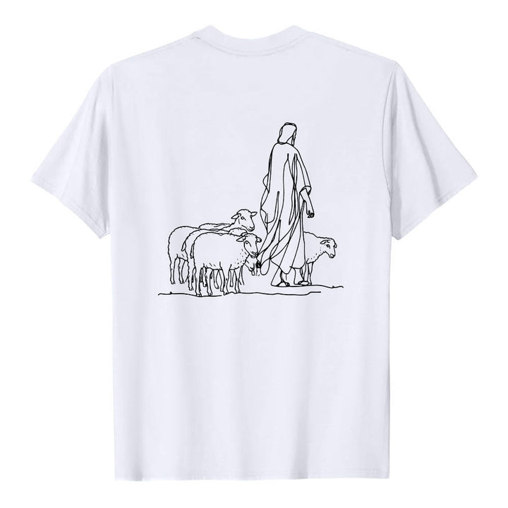 Christianartworkshop Wenn du am seidenen Faden hängst (Matthäus 9,22) Vorderseite: Hirte und Schafe ziehen zurück Premium Kurzarm-T-Shirt - image 5