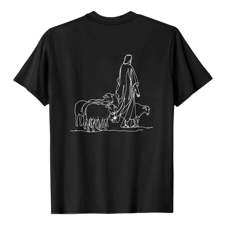 Christianartworkshop Wenn du am seidenen Faden hängst (Matthäus 9,22) Vorderseite: Hirte und Schafe ziehen zurück Premium Kurzarm-T-Shirt - image 17