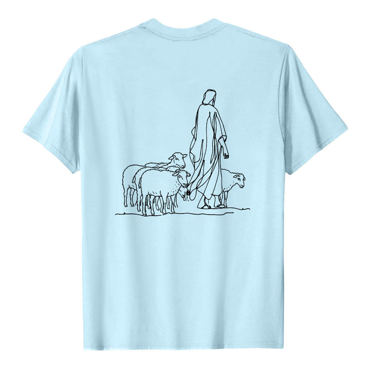 Christianartworkshop Wenn du am seidenen Faden hängst (Matthäus 9,22) Vorderseite: Hirte und Schafe ziehen zurück Premium Kurzarm-T-Shirt - image 11