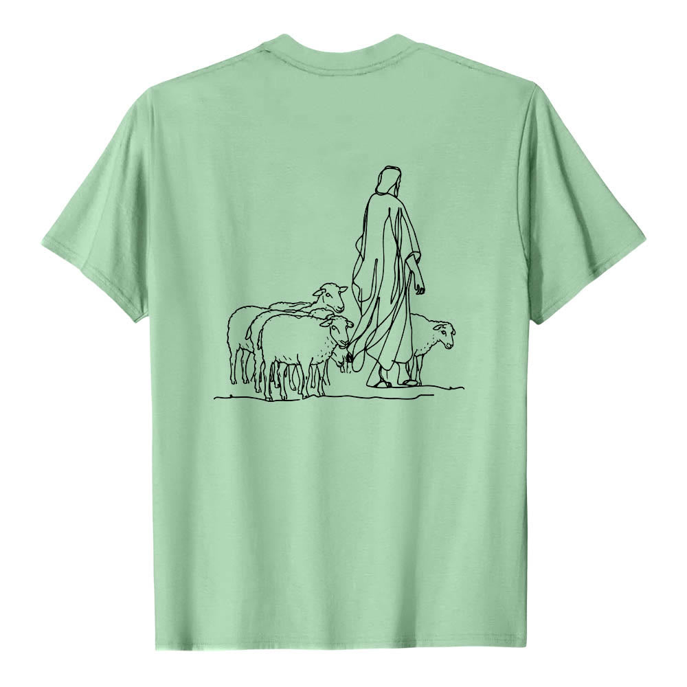 Christianartworkshop Wenn du am seidenen Faden hängst (Matthäus 9,22) Vorderseite: Hirte und Schafe ziehen zurück Premium Kurzarm-T-Shirt - image 23