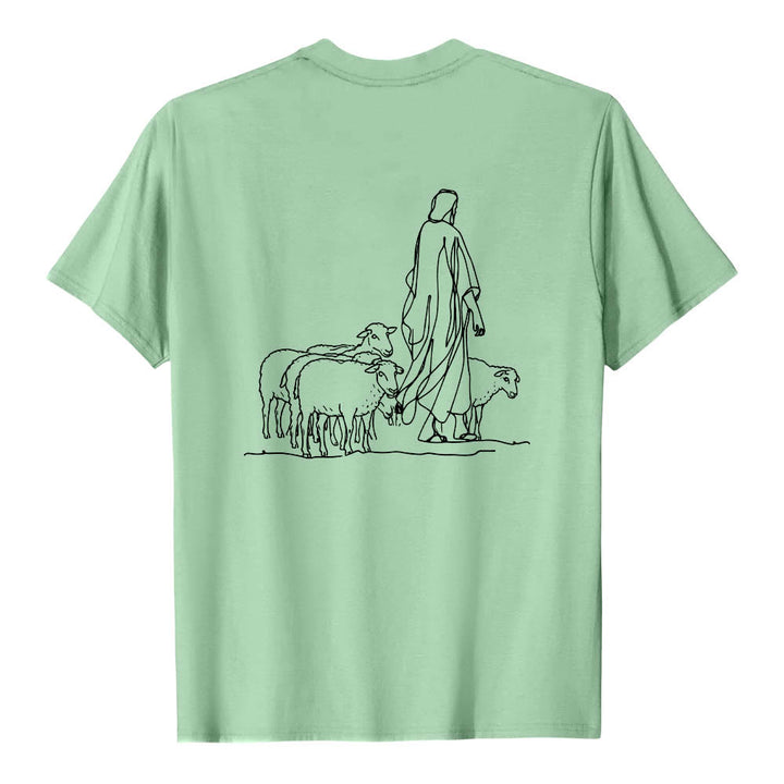 Christianartworkshop Wenn du am seidenen Faden hängst (Matthäus 9,22) Vorderseite: Hirte und Schafe ziehen zurück Premium Kurzarm-T-Shirt - image 23