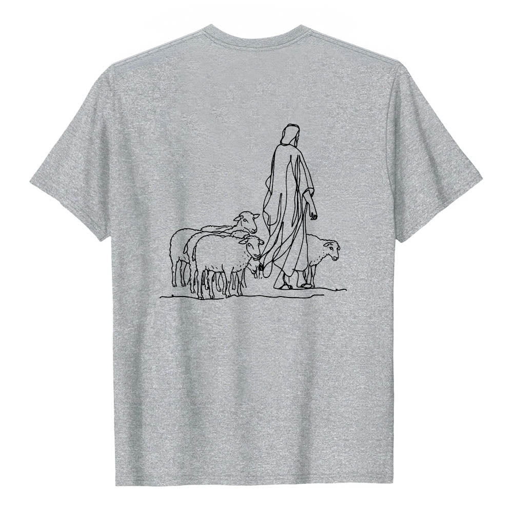 Christianartworkshop Wenn du am seidenen Faden hängst (Matthäus 9,22) Vorderseite: Hirte und Schafe ziehen zurück Premium Kurzarm-T-Shirt - image 2