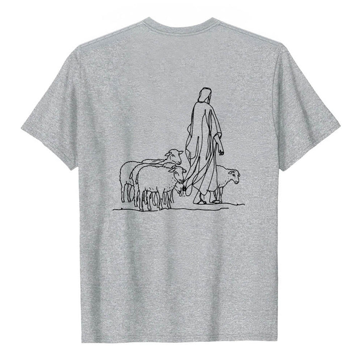 Christianartworkshop Wenn du am seidenen Faden hängst (Matthäus 9,22) Vorderseite: Hirte und Schafe ziehen zurück Premium Kurzarm-T-Shirt - image 2