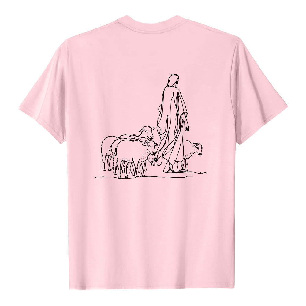Christianartworkshop Wenn du am seidenen Faden hängst (Matthäus 9,22) Vorderseite: Hirte und Schafe ziehen zurück Premium Kurzarm-T-Shirt - image 26