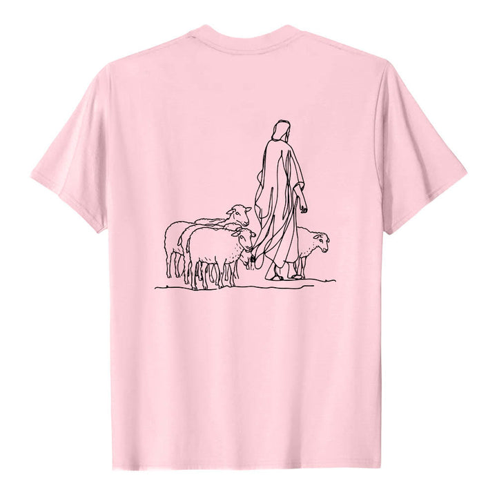 Christianartworkshop Wenn du am seidenen Faden hängst (Matthäus 9,22) Vorderseite: Hirte und Schafe ziehen zurück Premium Kurzarm-T-Shirt - image 26