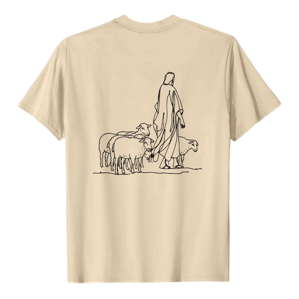Christianartworkshop Wenn du am seidenen Faden hängst (Matthäus 9,22) Vorderseite: Hirte und Schafe ziehen zurück Premium Kurzarm-T-Shirt - image 20