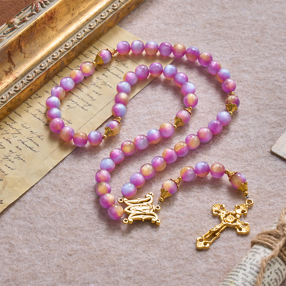 Christianartworkshop Kreuz mit schimmernden Katzenaugenperlen und Rosenkranz mit Bogen und Marienmotiv - image 2