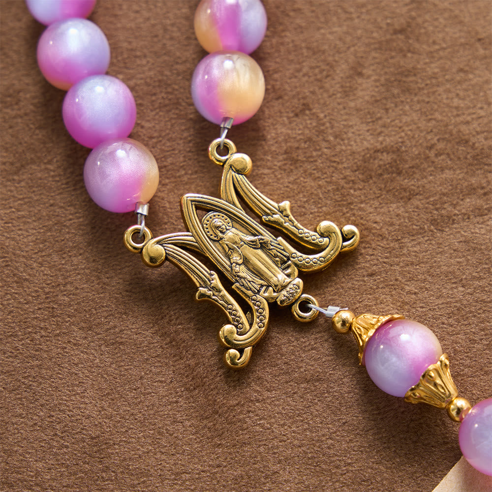 Christianartworkshop Kreuz mit schimmernden Katzenaugenperlen und Rosenkranz mit Bogen und Marienmotiv - image 6