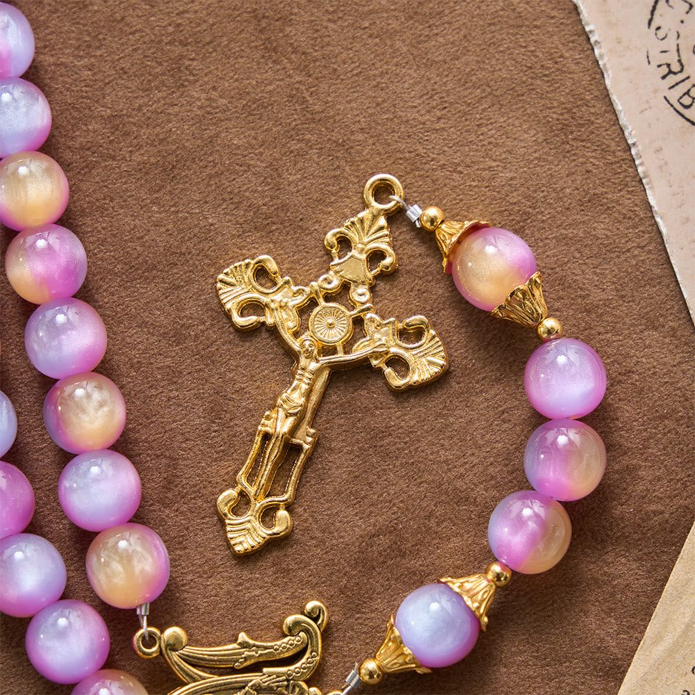 Christianartworkshop Kreuz mit schimmernden Katzenaugenperlen und Rosenkranz mit Bogen und Marienmotiv - image 7