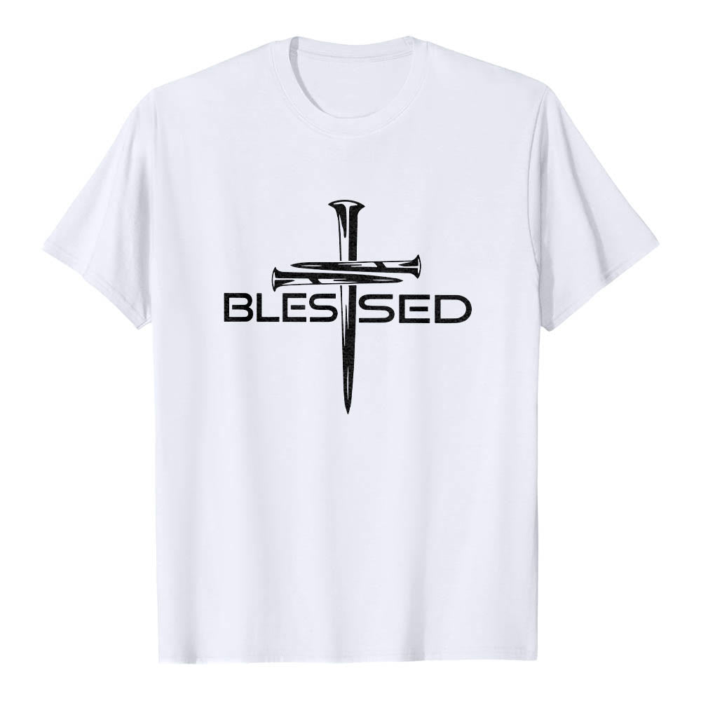 Christianartworkshop Gesegnetes Drei-Nägel-Kreuz, geteilt, fetter Blockdruck auf der Vorderseite, Premium-Kurzarm-T-Shirt - Weiß - 2XL - image 12