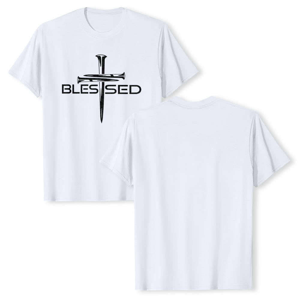 Christianartworkshop Gesegnetes Drei-Nägel-Kreuz, geteilt, fetter Blockdruck auf der Vorderseite, Premium-Kurzarm-T-Shirt - image 13