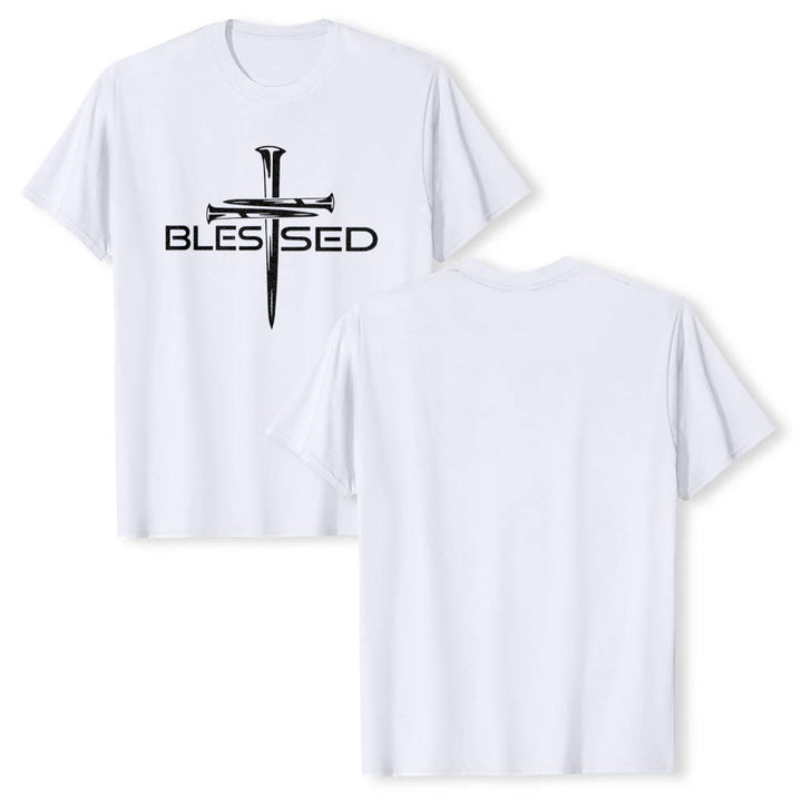 Christianartworkshop Gesegnetes Drei-Nägel-Kreuz, geteilt, fetter Blockdruck auf der Vorderseite, Premium-Kurzarm-T-Shirt - image 13