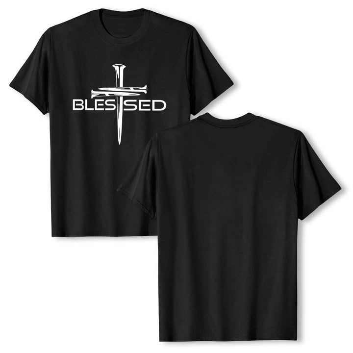 Christianartworkshop Gesegnetes Drei-Nägel-Kreuz, geteilt, fetter Blockdruck auf der Vorderseite, Premium-Kurzarm-T-Shirt - image 1