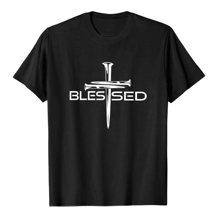 Christianartworkshop Gesegnetes Drei-Nägel-Kreuz, geteilt, fetter Blockdruck auf der Vorderseite, Premium-Kurzarm-T-Shirt - Schwarz - 2XL - image 0