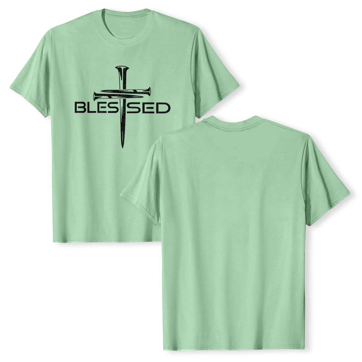 Christianartworkshop Gesegnetes Drei-Nägel-Kreuz, geteilt, fetter Blockdruck auf der Vorderseite, Premium-Kurzarm-T-Shirt - image 22