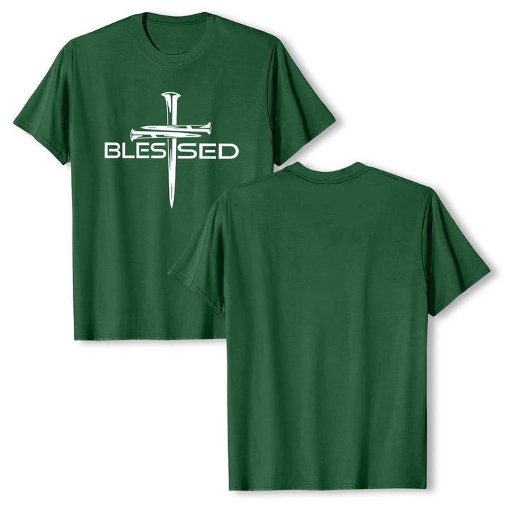 Christianartworkshop Gesegnetes Drei-Nägel-Kreuz, geteilt, fetter Blockdruck auf der Vorderseite, Premium-Kurzarm-T-Shirt - image 4
