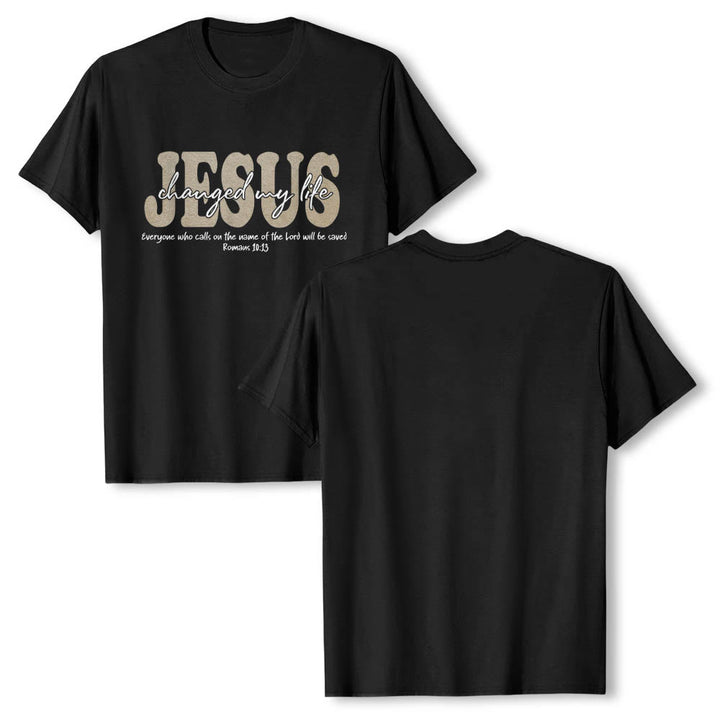 Christianartworkshop JESUS-Schriftzug in Schreibschrift hat mein Leben verändert (Römer 10,13) – Dreilagiges Premium-T-Shirt mit kurzen Ärmeln - image 4