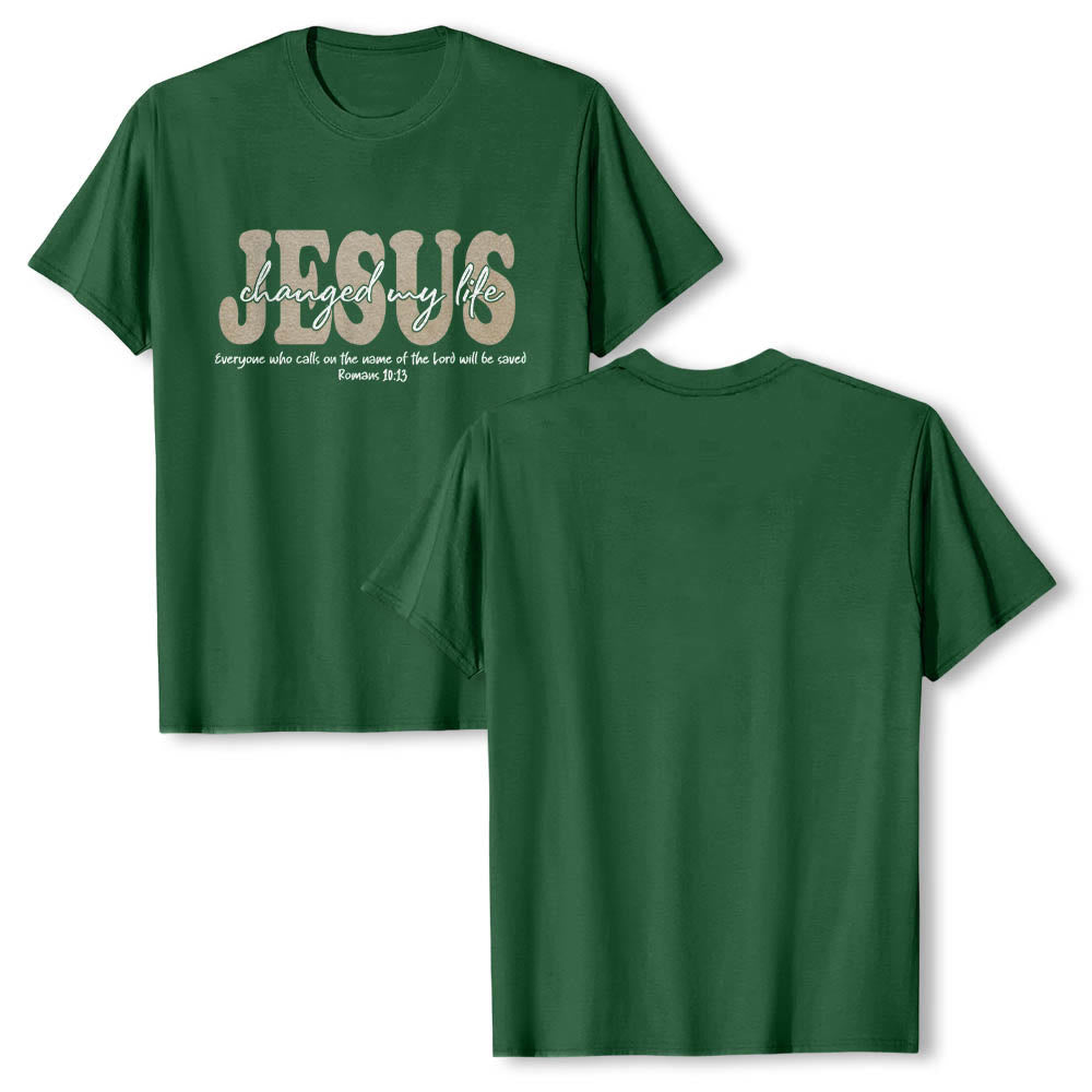 Christianartworkshop JESUS-Schriftzug in Schreibschrift hat mein Leben verändert (Römer 10,13) – Dreilagiges Premium-T-Shirt mit kurzen Ärmeln - image 7
