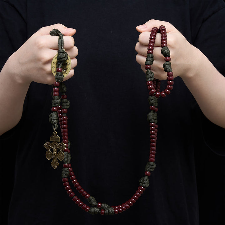 Christianartworkshop Rosenkranz aus 15 Dekaden Paracord, braunen Fassperlen, Wundermedaille, dreiteiligem Kruzifix - image 1