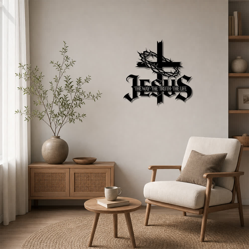 Christianartworkshop Wanddekoration aus Metall: Dornenkrone, Kreuz, Jesus-Schriftzug, Symbol der ewigen göttlichen Wahrheit - image 1