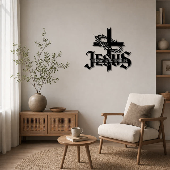 Christianartworkshop Wanddekoration aus Metall: Dornenkrone, Kreuz, Jesus-Schriftzug, Symbol der ewigen göttlichen Wahrheit - image 1