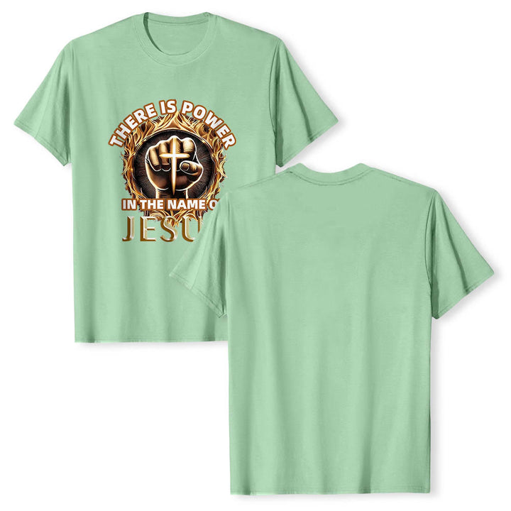 Christianartworkshop Im Namen Jesu liegt Kraft – geballte Faust, Kreuz, Flamme, kreisförmiges Kurzarm-T-Shirt - image 22
