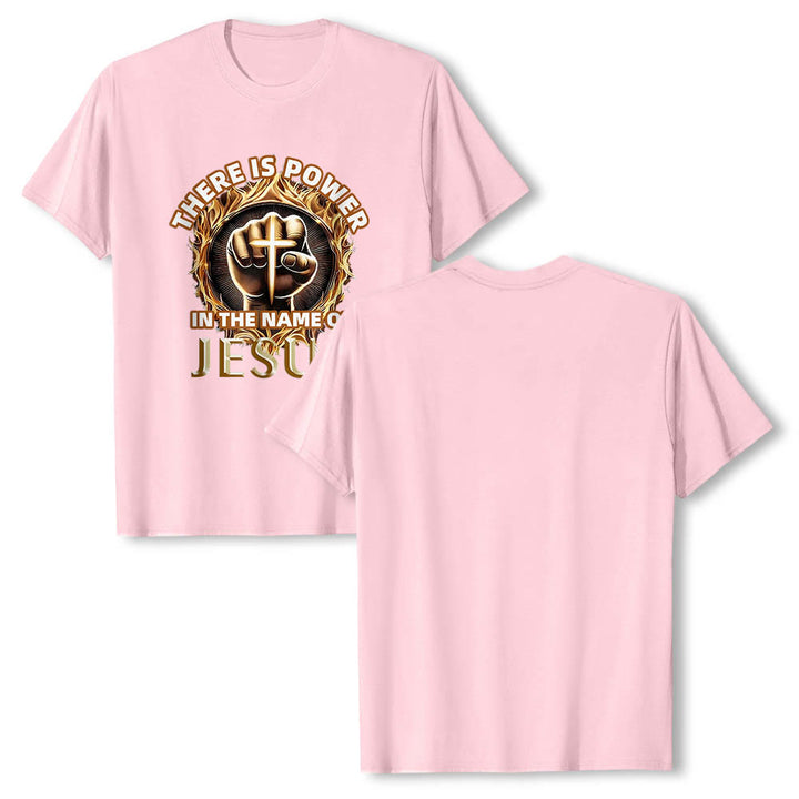 Christianartworkshop Im Namen Jesu liegt Kraft – geballte Faust, Kreuz, Flamme, kreisförmiges Kurzarm-T-Shirt - image 25