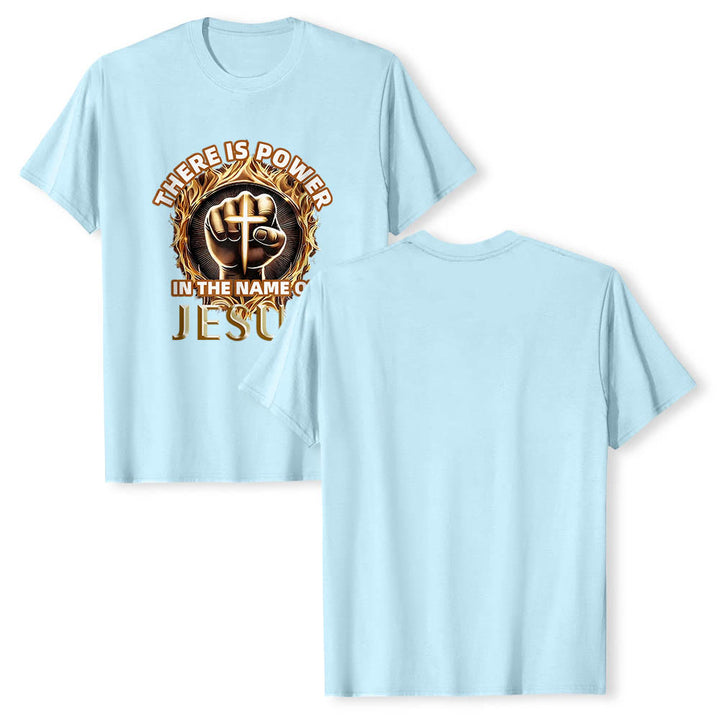 Christianartworkshop Im Namen Jesu liegt Kraft – geballte Faust, Kreuz, Flamme, kreisförmiges Kurzarm-T-Shirt - image 10