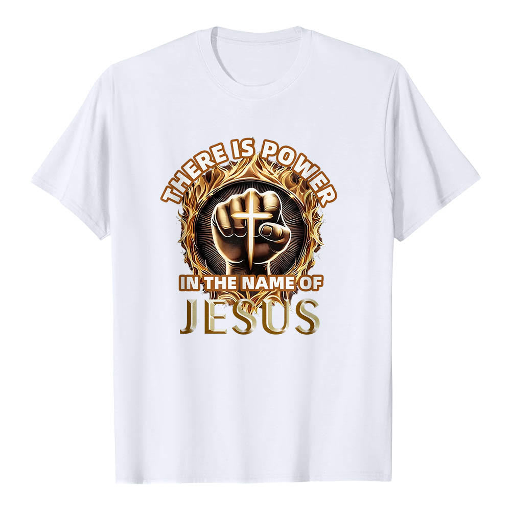 Christianartworkshop Im Namen Jesu liegt Kraft – geballte Faust, Kreuz, Flamme, kreisförmiges Kurzarm-T-Shirt - Weiß - 2XL - image 3