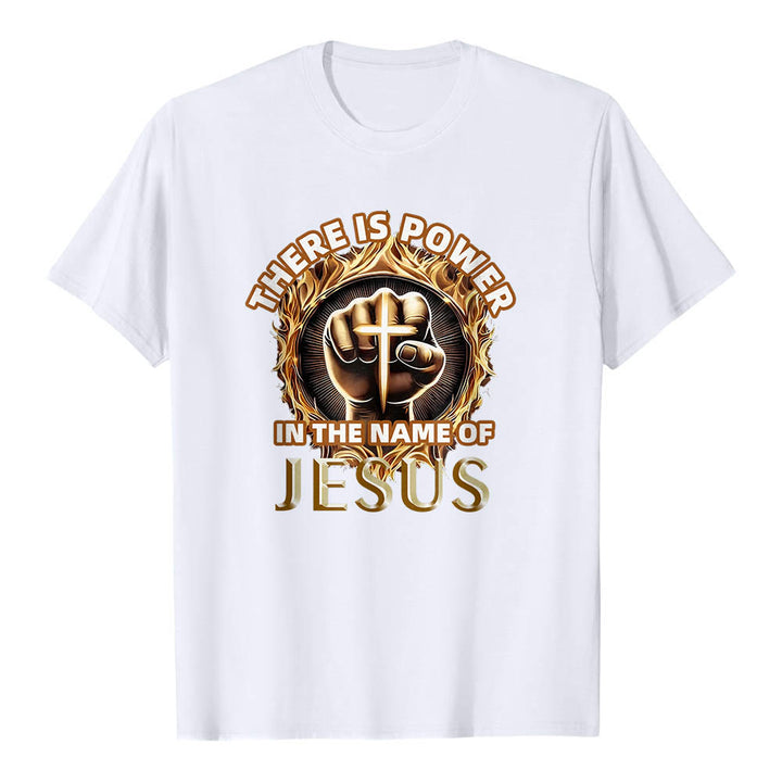 Christianartworkshop Im Namen Jesu liegt Kraft – geballte Faust, Kreuz, Flamme, kreisförmiges Kurzarm-T-Shirt - Weiß - 2XL - image 3