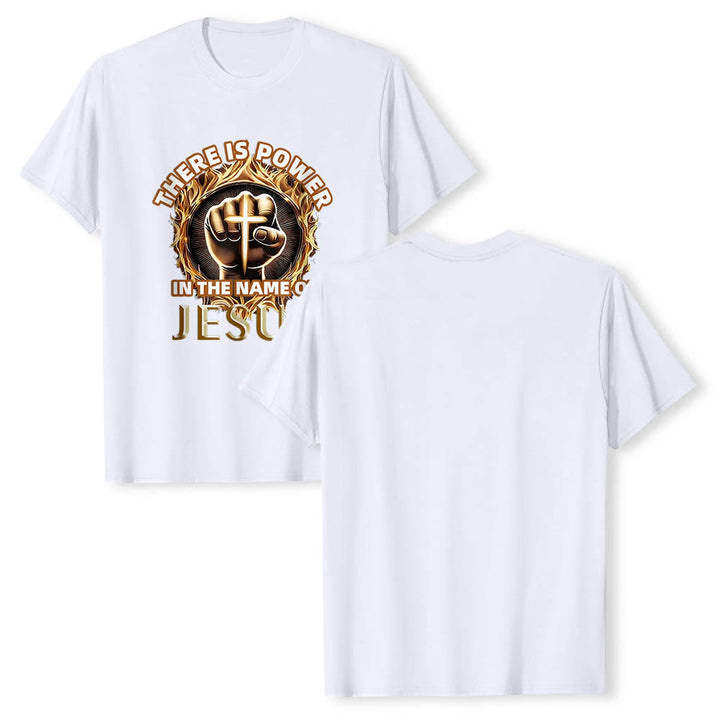 Christianartworkshop Im Namen Jesu liegt Kraft – geballte Faust, Kreuz, Flamme, kreisförmiges Kurzarm-T-Shirt - image 4