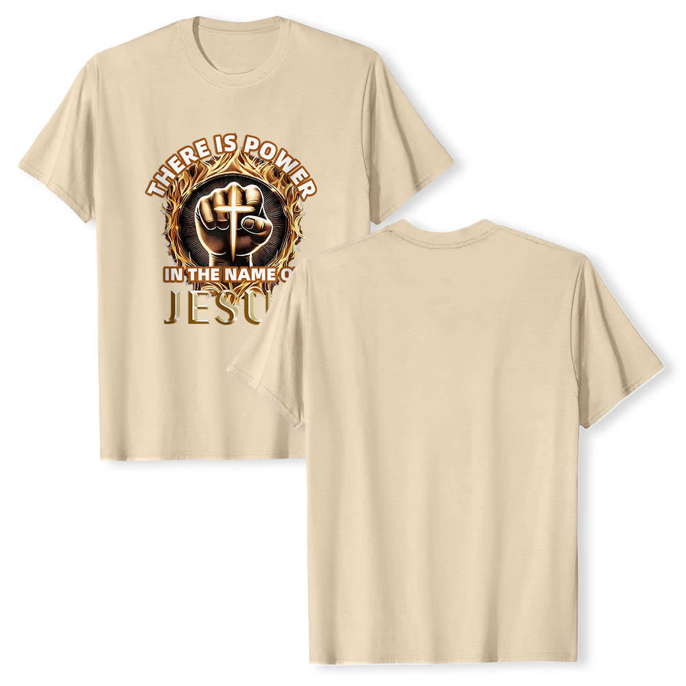 Christianartworkshop Im Namen Jesu liegt Kraft – geballte Faust, Kreuz, Flamme, kreisförmiges Kurzarm-T-Shirt - image 19