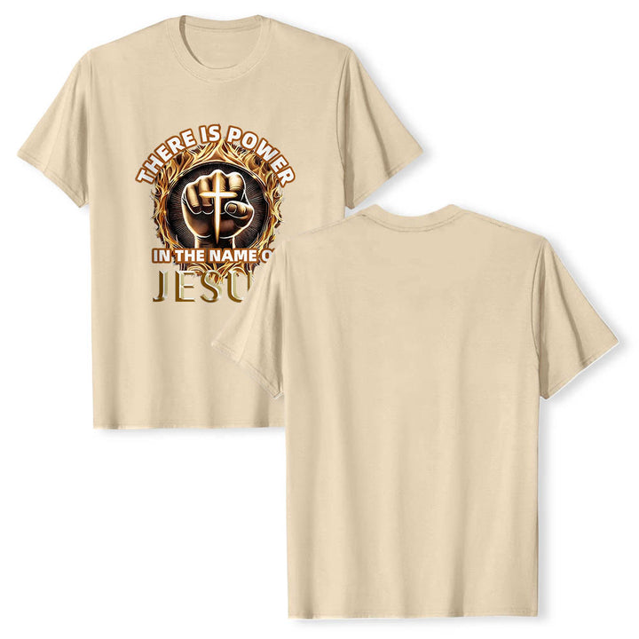 Christianartworkshop Im Namen Jesu liegt Kraft – geballte Faust, Kreuz, Flamme, kreisförmiges Kurzarm-T-Shirt - image 19