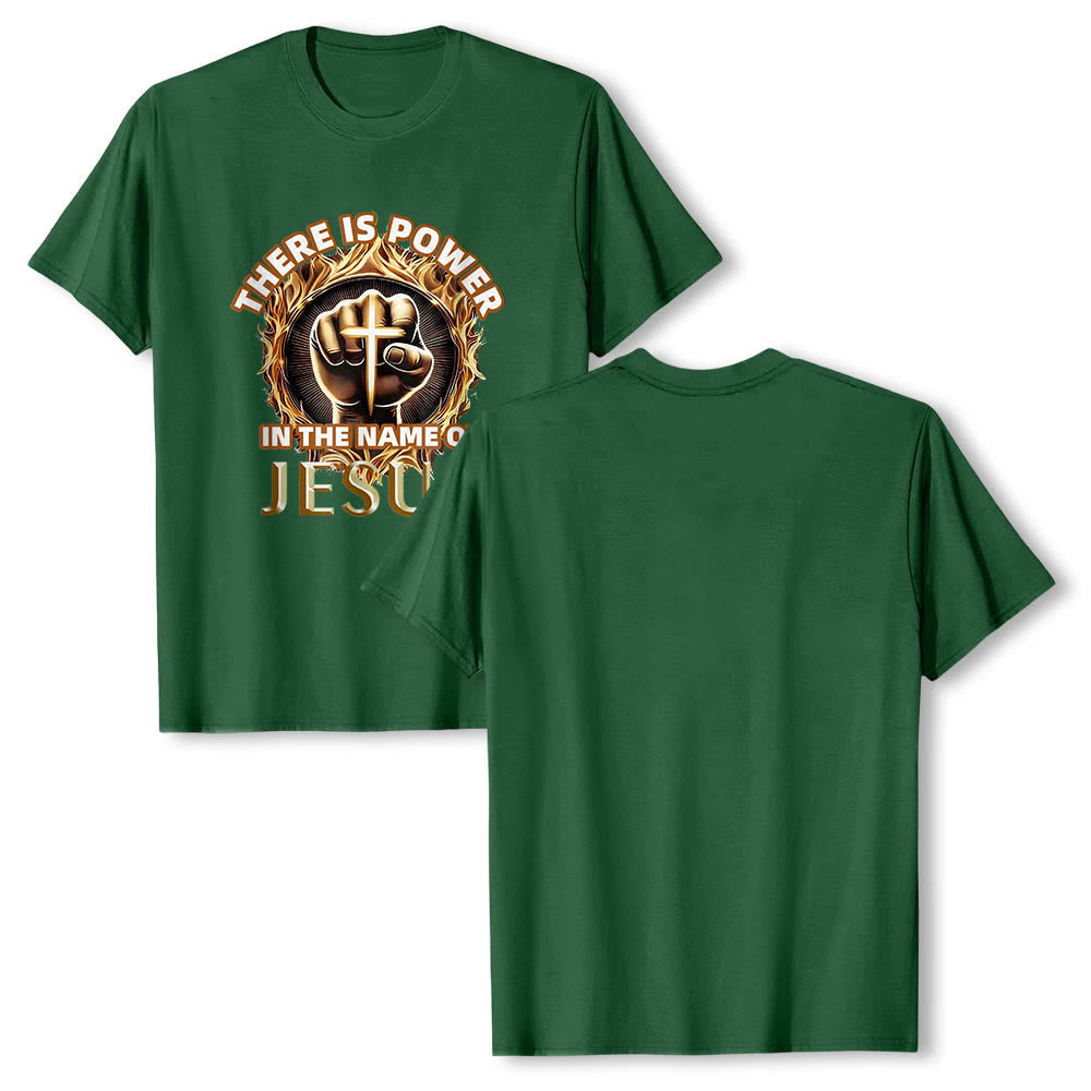 Christianartworkshop Im Namen Jesu liegt Kraft – geballte Faust, Kreuz, Flamme, kreisförmiges Kurzarm-T-Shirt - image 1