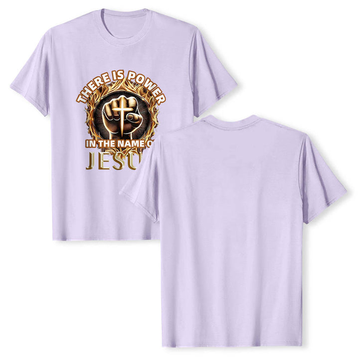 Christianartworkshop Im Namen Jesu liegt Kraft – geballte Faust, Kreuz, Flamme, kreisförmiges Kurzarm-T-Shirt - image 13