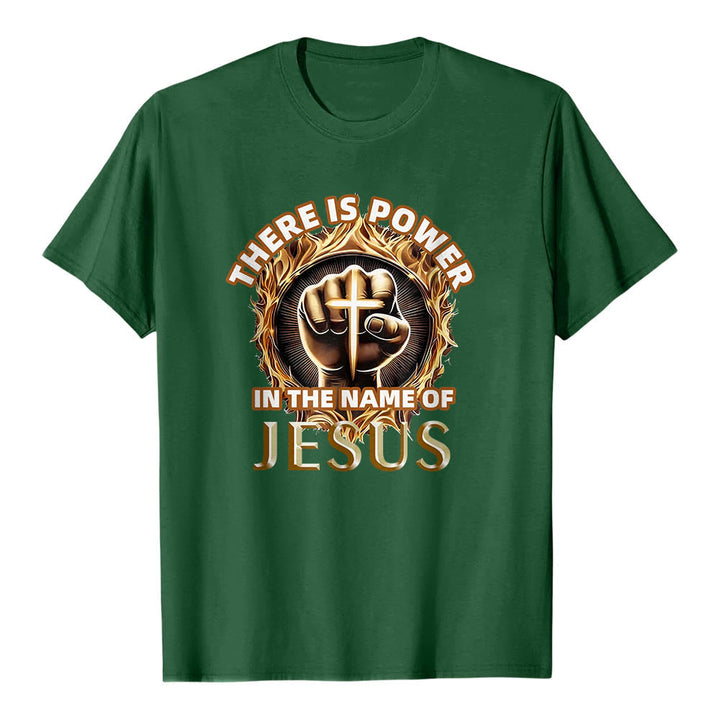 Christianartworkshop Im Namen Jesu liegt Kraft – geballte Faust, Kreuz, Flamme, kreisförmiges Kurzarm-T-Shirt - Dunkelgrün - 2XL - image 0