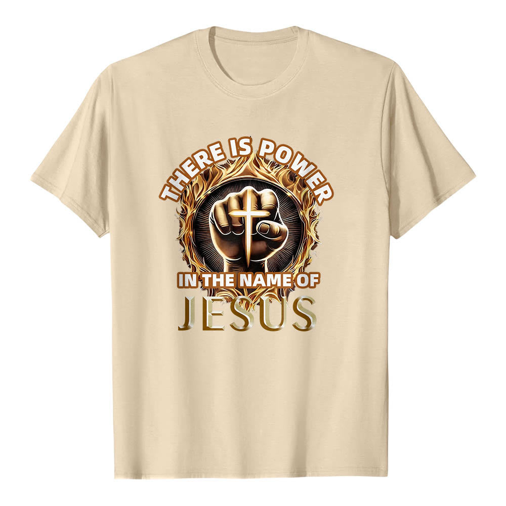 Christianartworkshop Im Namen Jesu liegt Kraft – geballte Faust, Kreuz, Flamme, kreisförmiges Kurzarm-T-Shirt - Beige - 2XL - image 18