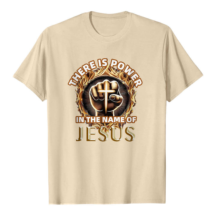 Christianartworkshop Im Namen Jesu liegt Kraft – geballte Faust, Kreuz, Flamme, kreisförmiges Kurzarm-T-Shirt - Beige - 2XL - image 18