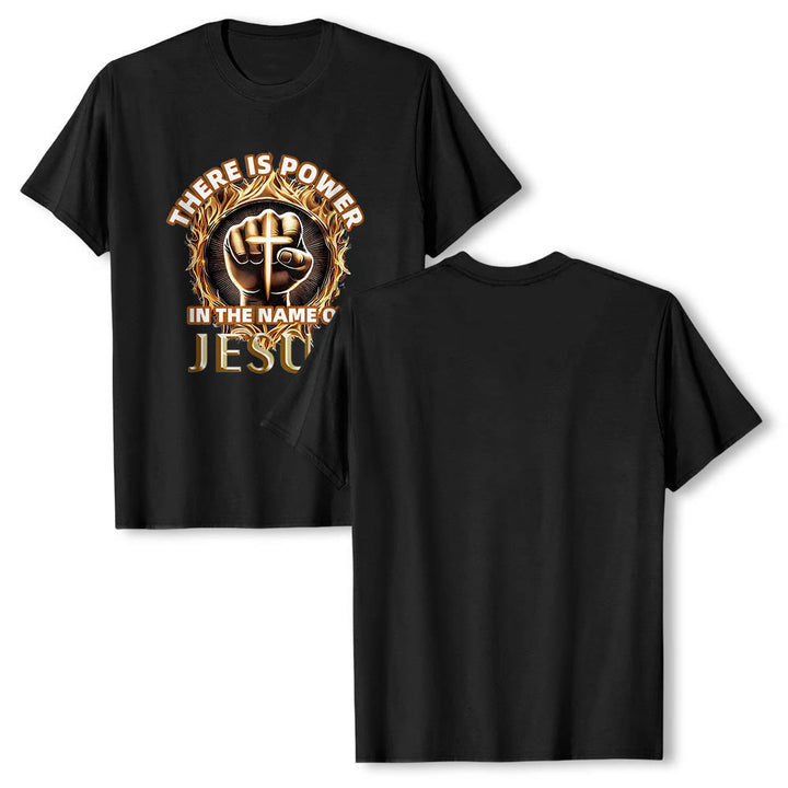 Christianartworkshop Im Namen Jesu liegt Kraft – geballte Faust, Kreuz, Flamme, kreisförmiges Kurzarm-T-Shirt - image 7