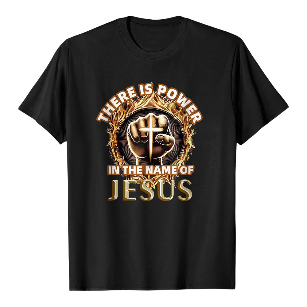 Christianartworkshop Im Namen Jesu liegt Kraft – geballte Faust, Kreuz, Flamme, kreisförmiges Kurzarm-T-Shirt - Schwarz - 2XL - image 6