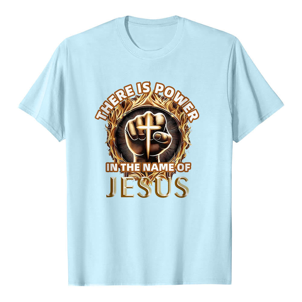 Christianartworkshop Im Namen Jesu liegt Kraft – geballte Faust, Kreuz, Flamme, kreisförmiges Kurzarm-T-Shirt - Blau - 2XL - image 9