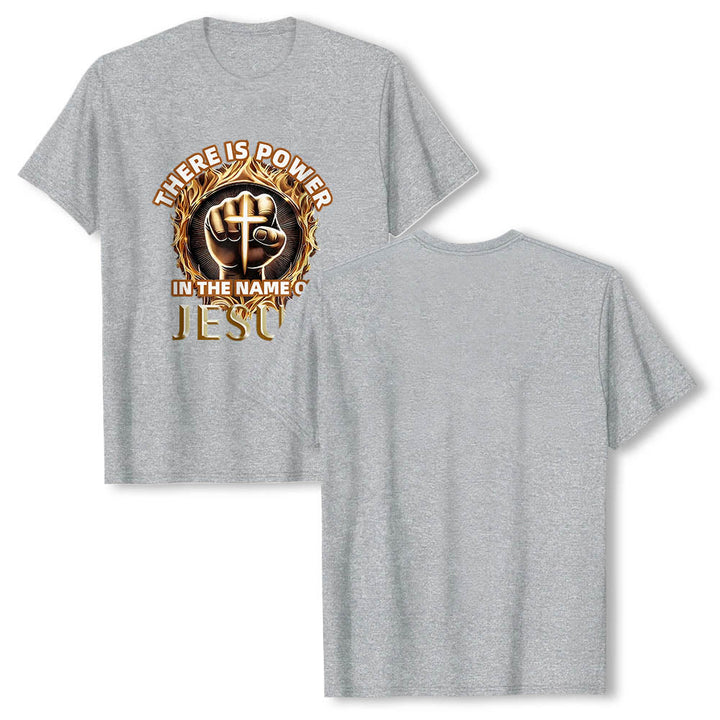 Christianartworkshop Im Namen Jesu liegt Kraft – geballte Faust, Kreuz, Flamme, kreisförmiges Kurzarm-T-Shirt - image 16