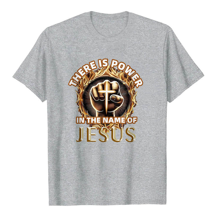 Christianartworkshop Im Namen Jesu liegt Kraft – geballte Faust, Kreuz, Flamme, kreisförmiges Kurzarm-T-Shirt - Grau - 2XL - image 15