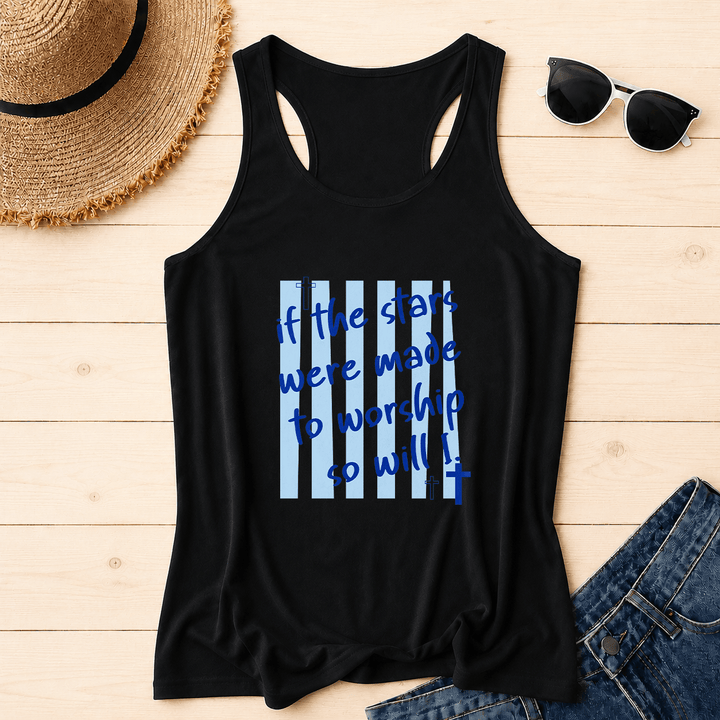Christianartworkshop Wenn die Sterne zum Anbeten geschaffen wurden, werde ich es auch tun. Gestreifter Hintergrund, Kreuzakzent auf der Vorderseite, Racerback-Tanktop - Schwarz - 2XL - image 2
