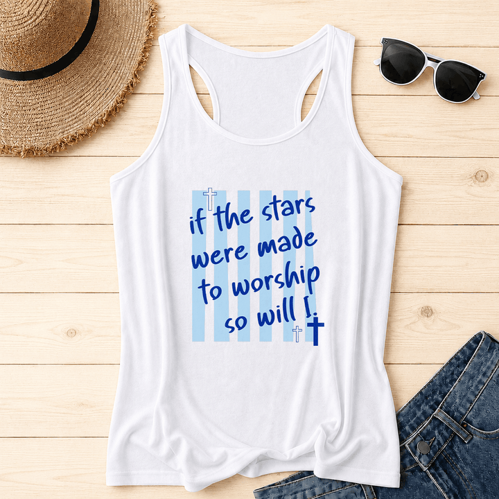 Christianartworkshop Wenn die Sterne zum Anbeten geschaffen wurden, werde ich es auch tun. Gestreifter Hintergrund, Kreuzakzent auf der Vorderseite, Racerback-Tanktop - Weiß - 2XL - image 6
