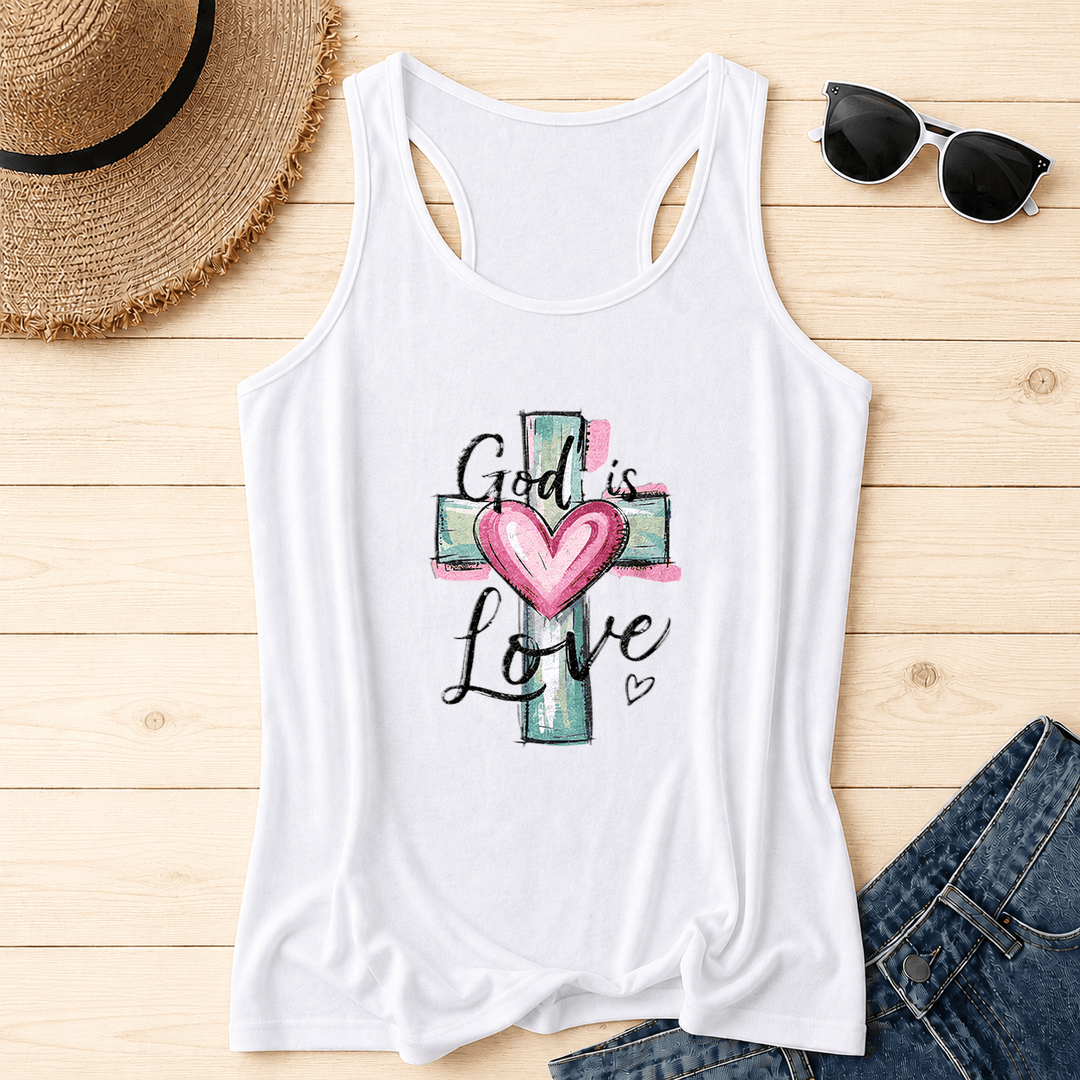 Christianartworkshop „Gott ist Liebe“ – Aquarell-Tanktop mit Kreuz und Herz, handgezeichneter Schriftzug in Schreibschrift - Weiß - 2XL - image 0