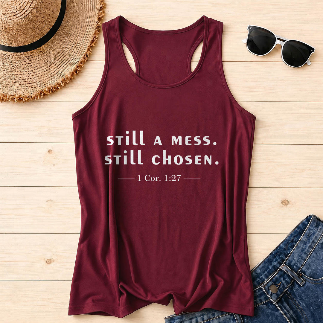 Christianartworkshop Still A Mess Still Chosen Two Line Casual Serif Verse Citation 1 Cor1:27 Front Print Racerback Tank Top - Wein - 2XL - image 10