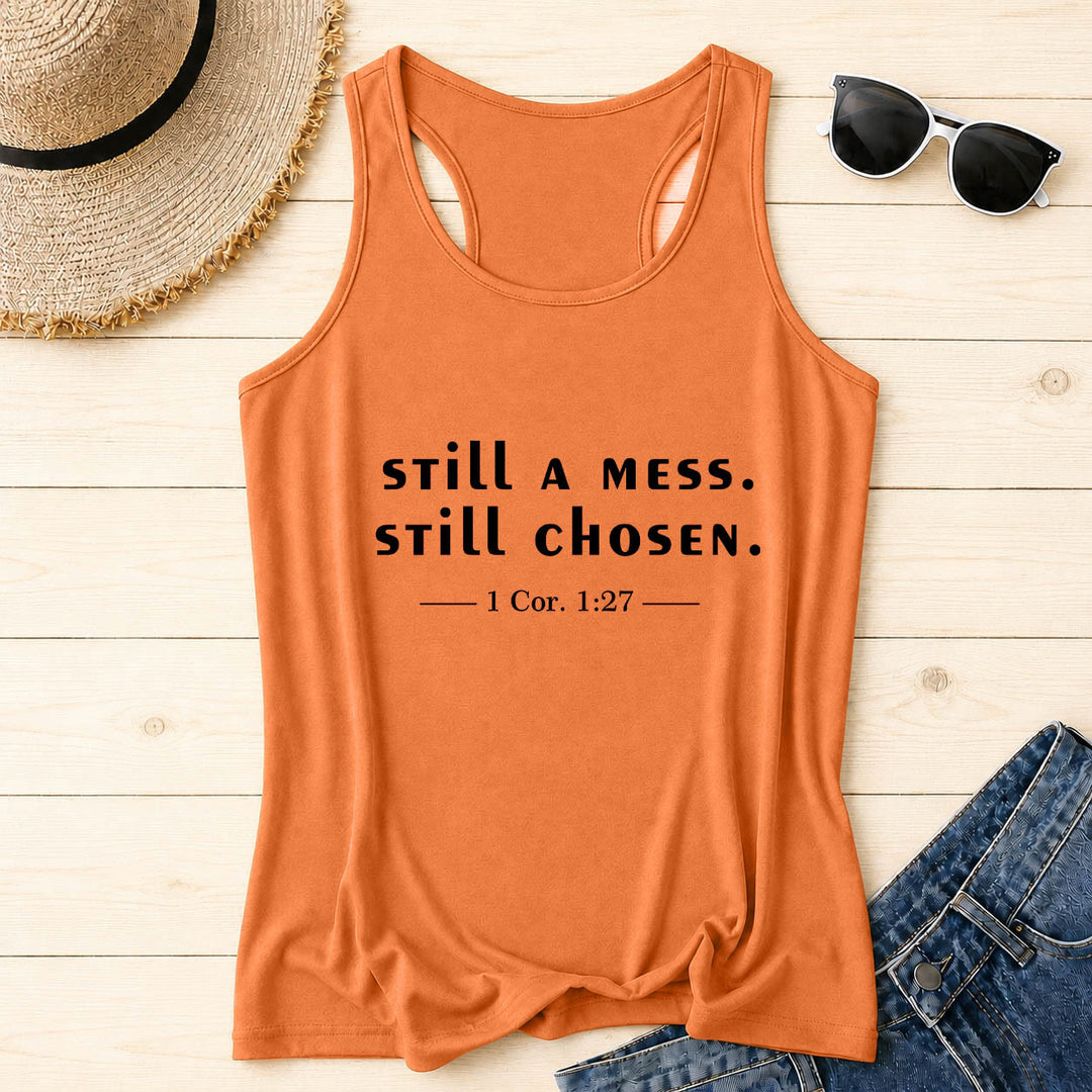 Christianartworkshop Still A Mess Still Chosen Two Line Casual Serif Verse Citation 1 Cor1:27 Front Print Racerback Tank Top - Orange - 2XL - image 12