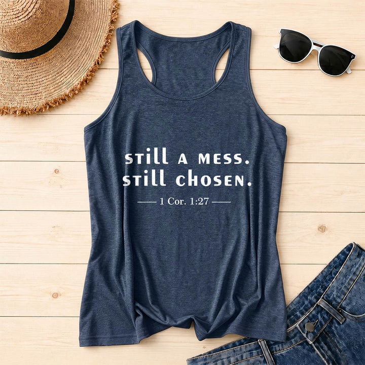 Christianartworkshop Still A Mess Still Chosen Two Line Casual Serif Verse Citation 1 Cor1:27 Front Print Racerback Tank Top - Marineblau - 2XL - image 0