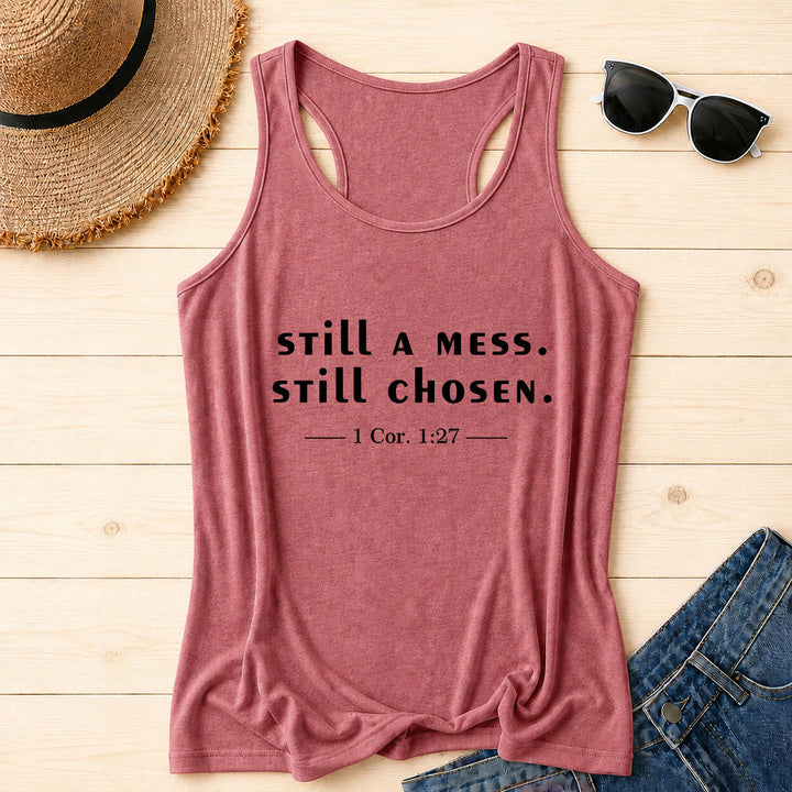 Christianartworkshop Still A Mess Still Chosen Two Line Casual Serif Verse Citation 1 Cor1:27 Front Print Racerback Tank Top - Rosa - 2XL - image 18